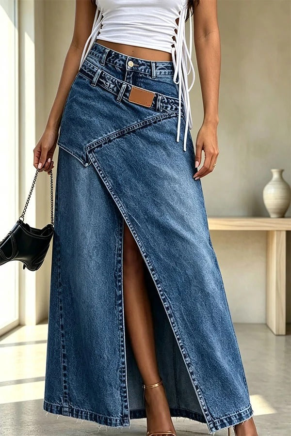 A Stylishly Layered Look Washed Denim High Rise Slit Maxi Skirt
