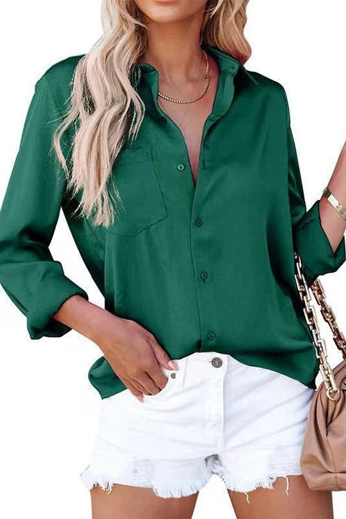 Solid Long Sleeves Button Up Satin Shirt