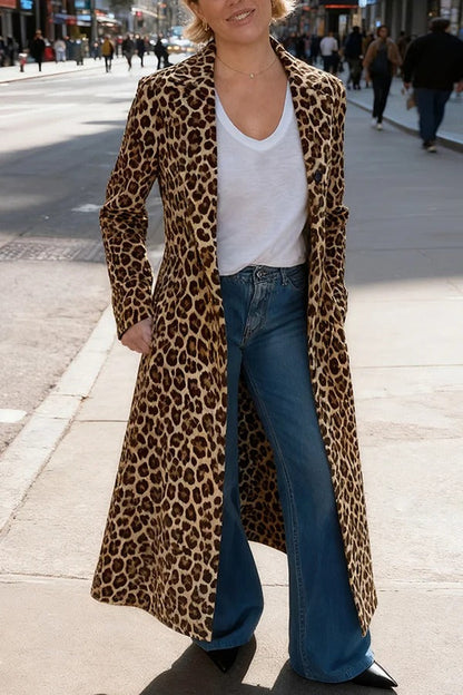 Leopard Print Long Sleeve Pocket Casual Maxi Trench Coat