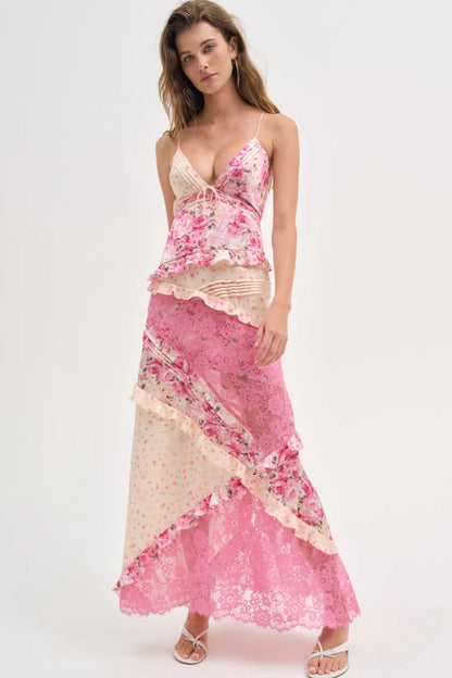 Floral Lace Panel Deep V Spaghetti Strap Maxi Dress