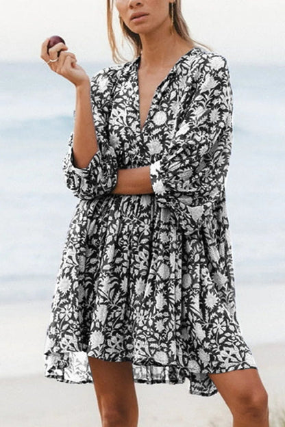 Women's V Neck Half Sleeve Floral Tunic Short Dress