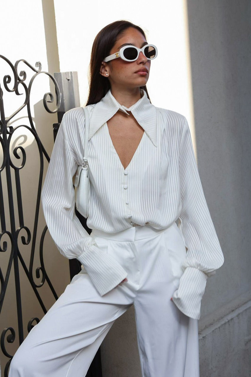 Loose Fit Long Sleeve Casual Detachable Collar Blouse