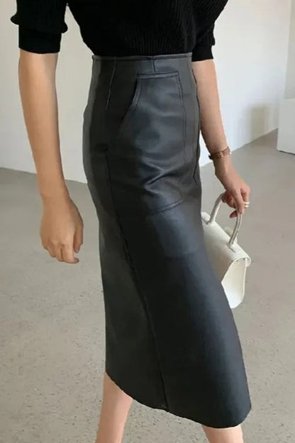 Fall Winter Chic Split Design Slim Straight Faux Leather Skirt