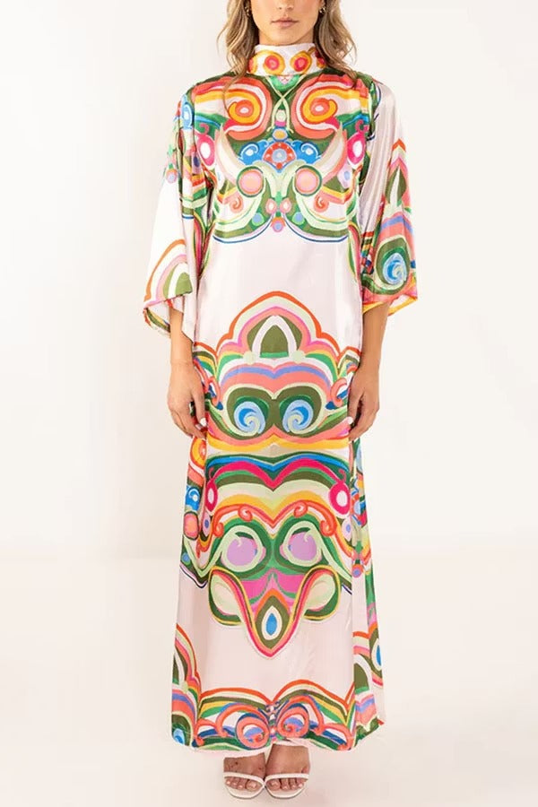 Venice Satin Colorful Baroque Style Print High Neck Tie-up Half Bell Sleeve Maxi Dress