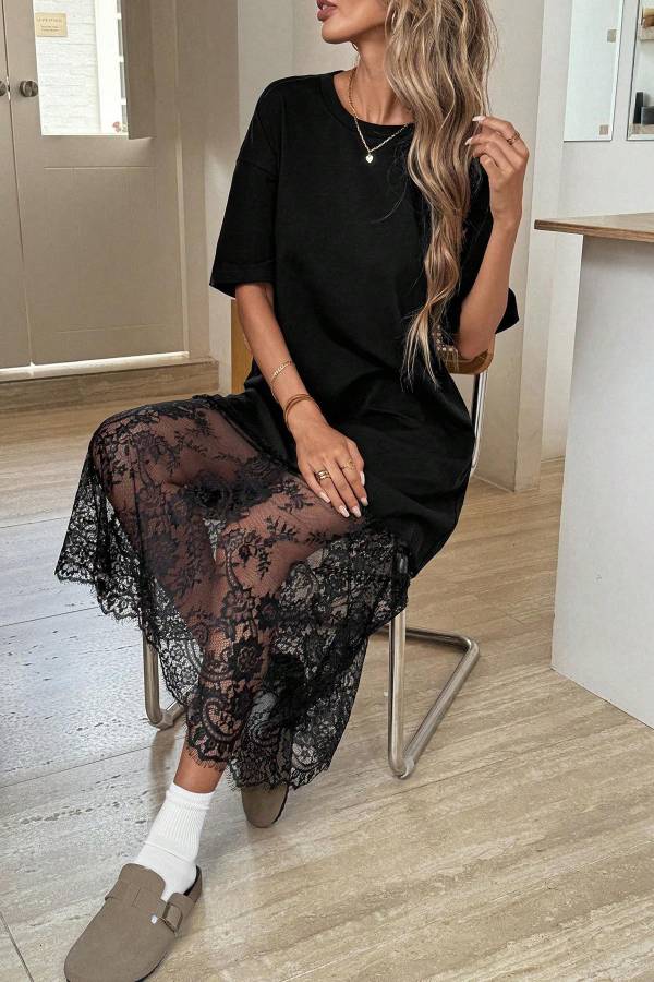 Lace Hem Patchwork Loose T-Shirt Dress