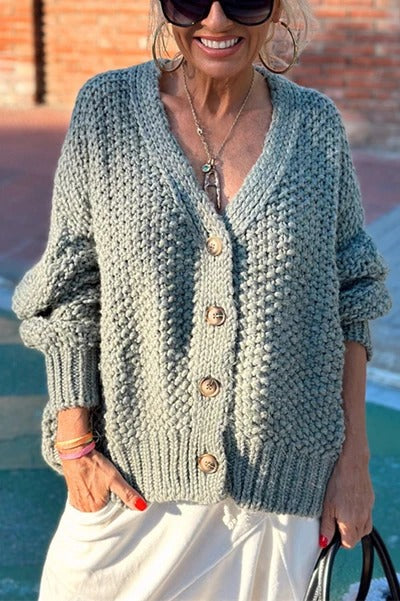 Hestia Knitted Texture Solid Color Button Long Sleeve Relaxed Cardigan