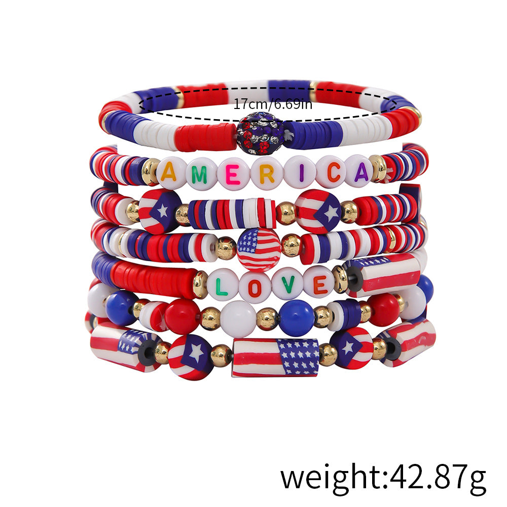 USA Independence Day Red White Blue Flag Polymer Clay Multi-Layer Stackable Bracelet Set