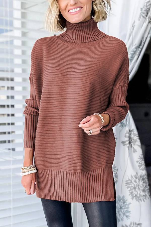 Mineral Red Turtleneck Ribbed Knit Tunic Sweater