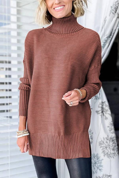 Mineral Red Turtleneck Ribbed Knit Tunic Sweater