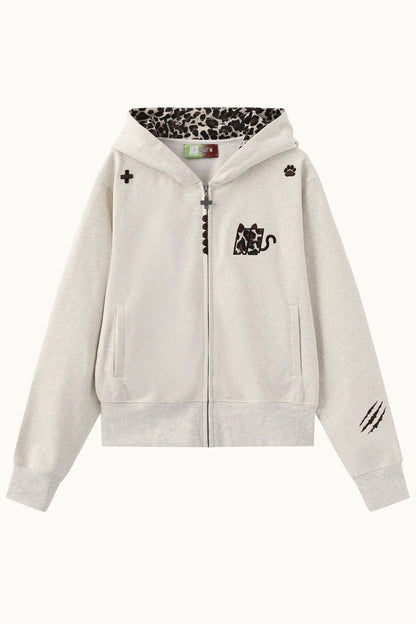 Leopard Lined Devil Horn Cross Zip Hoodie