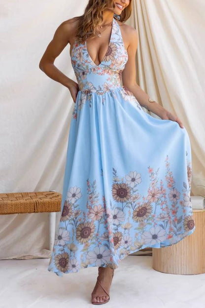 Sunflower Print Halter Backless Waist Tiered Maxi Dress