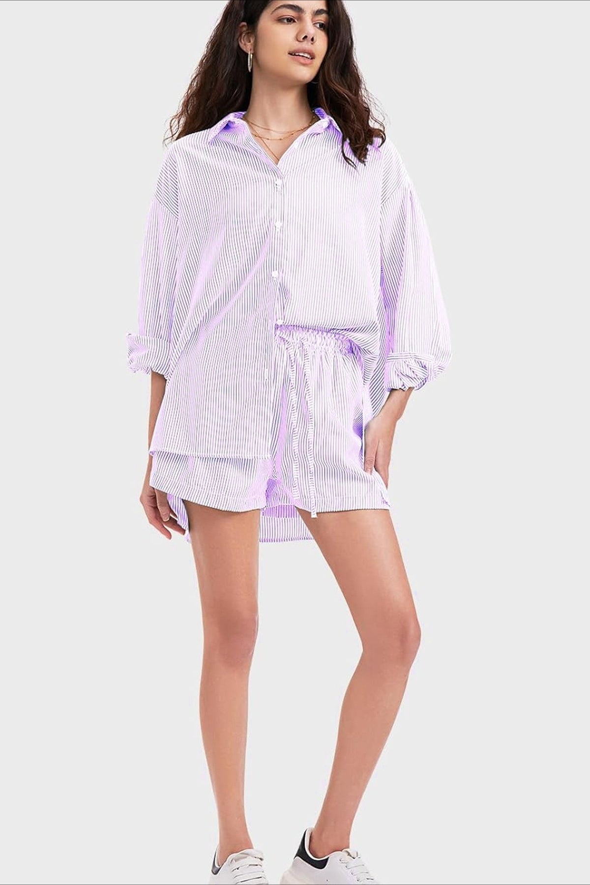 Striped Lapel Long Sleeve Blouse Shorts Set