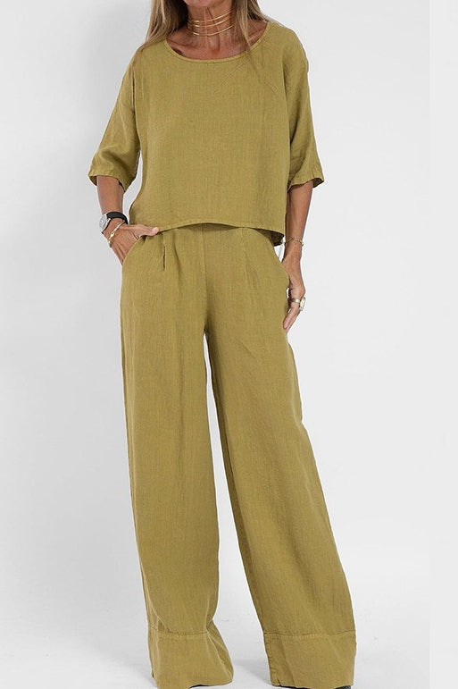 Plus Size Casual Solid Color Linen Pants Set