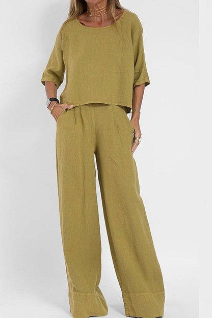 Plus Size Casual Solid Color Linen Pants Set