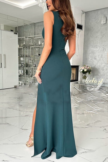 Surplice V-Neck Sleeveless Ruched Waist Side Slit Maxi Dress