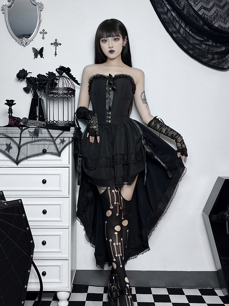 Strapless Lace Trim Corset Ribbon Lace Up High Low Tiered Ruffle Dress