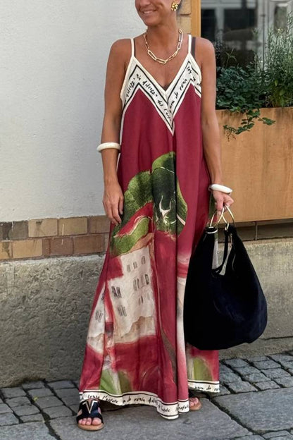 Art Oil Painting Landscape Print V‑Neck Cami Maxi Dress