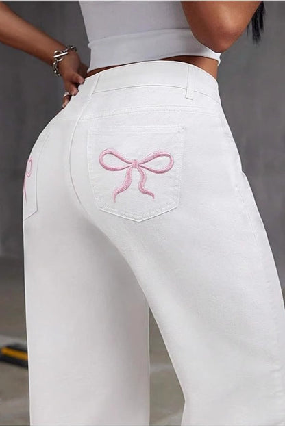 Y2K Bow Embroidered High Waist Straight Loose Jeans