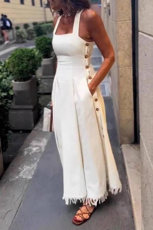 Halter Square Neck Side Button Fringe Flare Maxi Dress