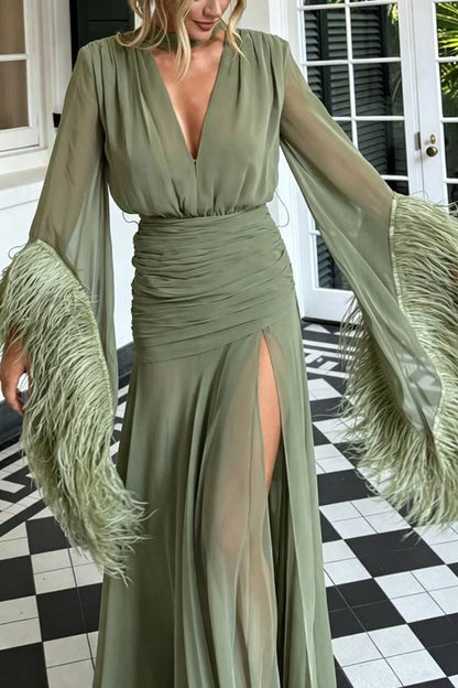 Geisha Lightweight Crepe Feather Trim Sleeve Ruched Waist Slit Maxi Dress
