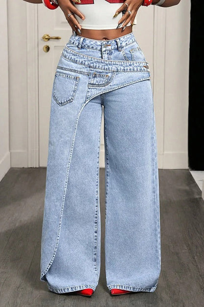 Sense of Design Denim Wrap Button Waist Pocketed Wide Leg Jeans