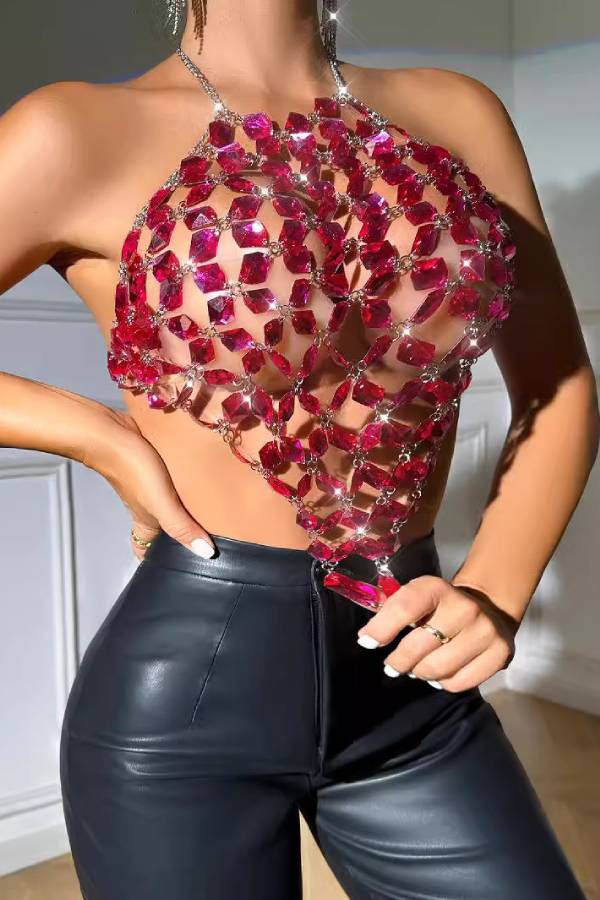 Rhinestone Mesh Halter Backless Crop Top