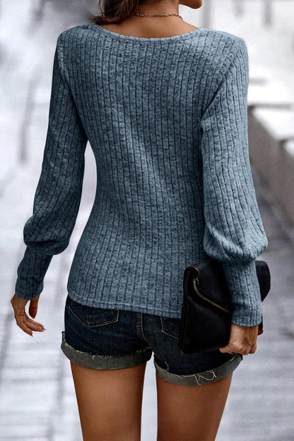 Crew Neck Ribbed Knit Jumper Tops Pullover