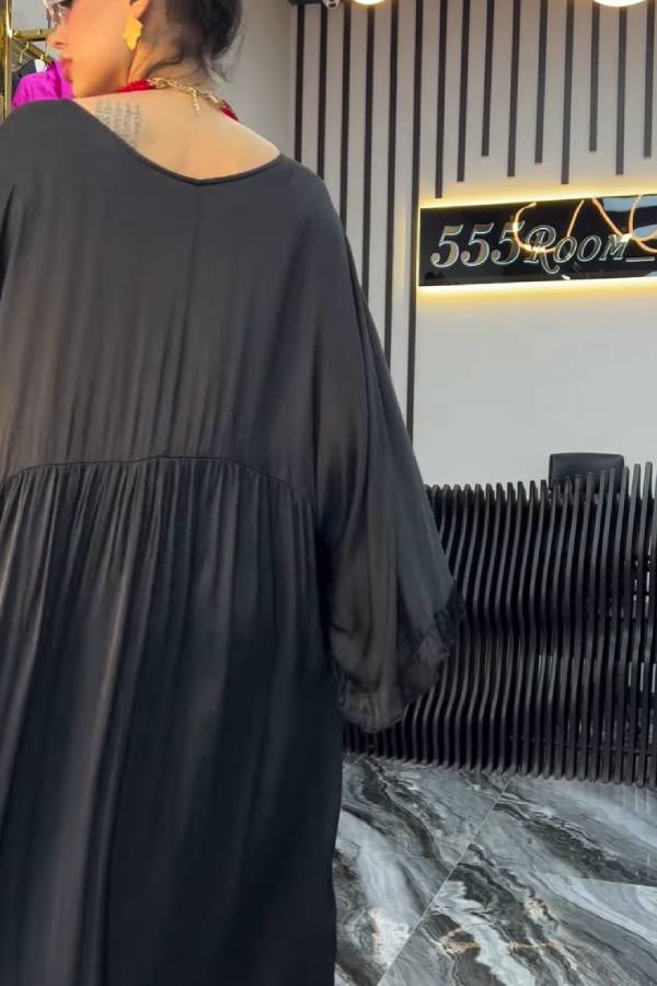 Satin V Neck Ruffle Lantern Sleeve Ruched Flowy Maxi Dress