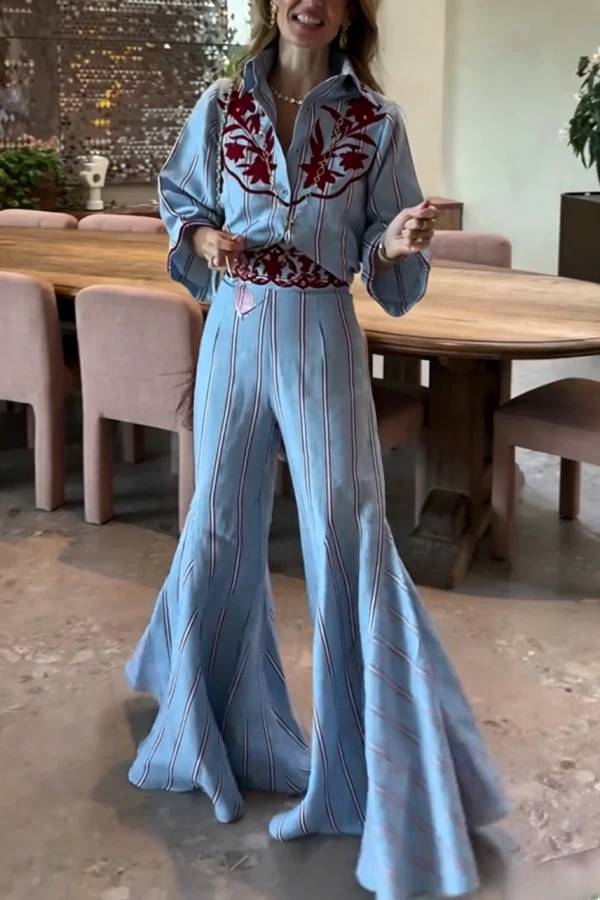 Delirio Linen Blend Floral Embroidery and Stripes Print Bell Sleeve Tie-up Blouse