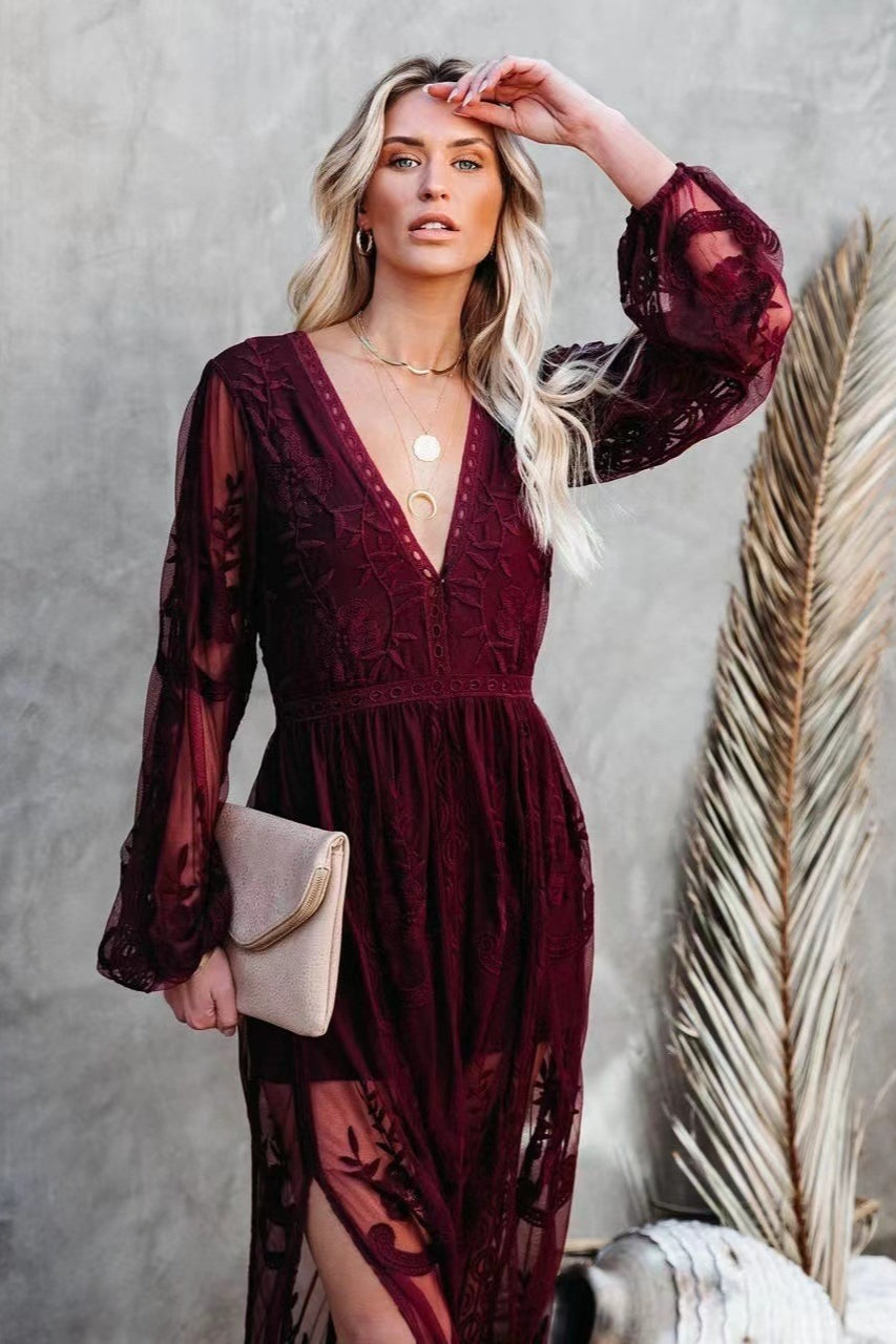 Embroidery V Neck Lace Maxi Boho Dress