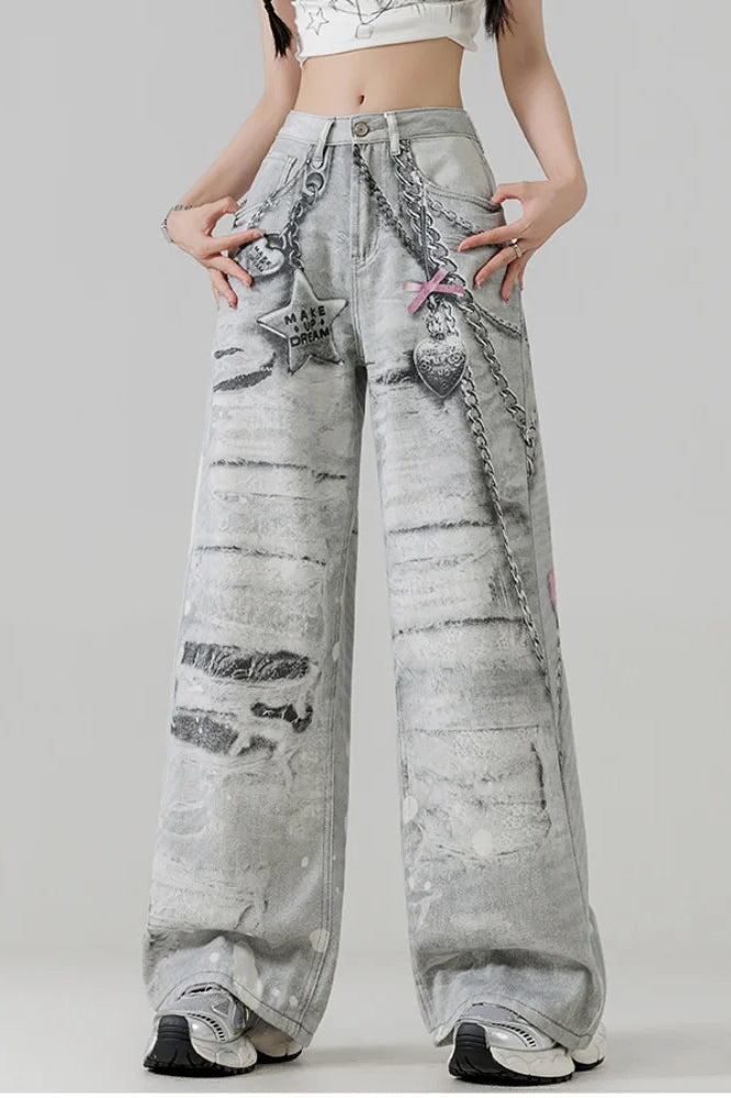 Metal Love Chain Straight Leg Jeans