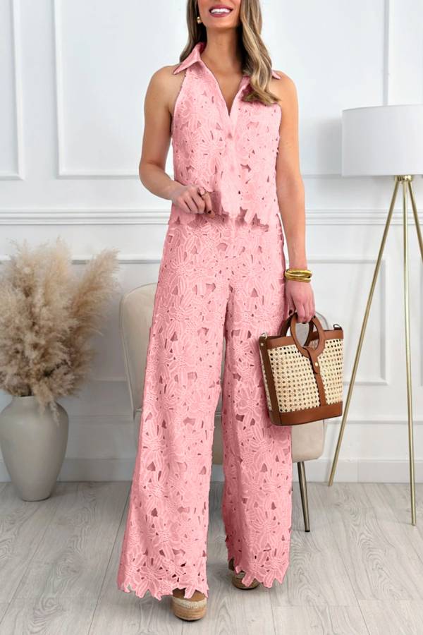 Halter Collared Lace Cut-Out Wide-Leg Pants Set