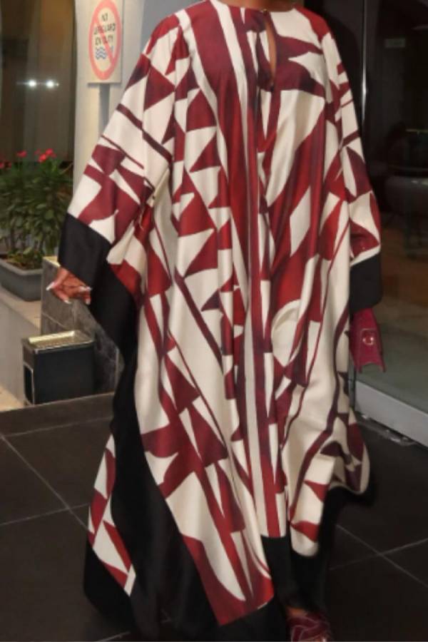 Satin Print Batwing Sleeve Loose Kaftan Maxi Cover Up Dress