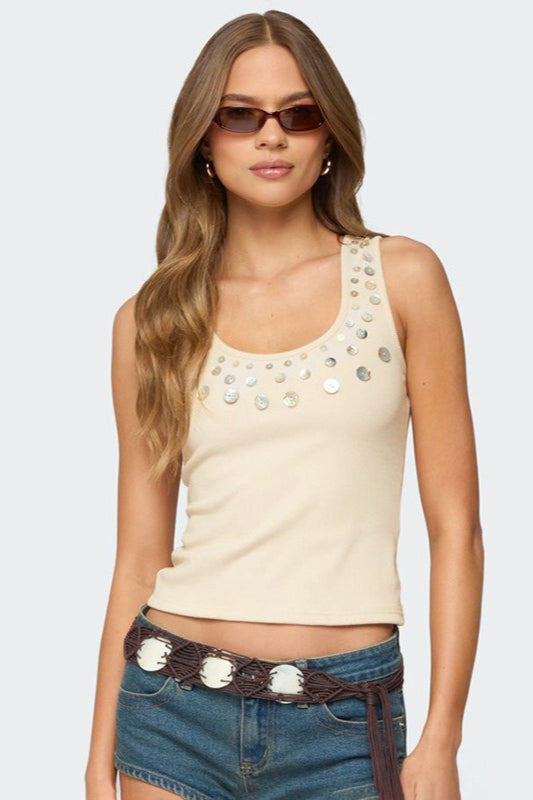 Sequin Button Ribbed Sleeveless Crop Top