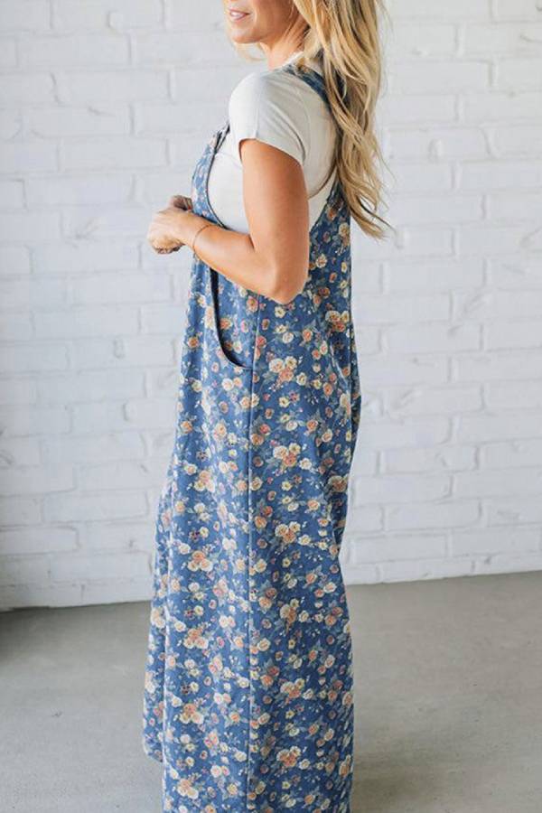 Blue Floral Print Loose Wide Leg Overalls