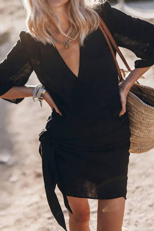 Easy Breezy Cotton Linen Blend Knotted Wrap Mini Dress