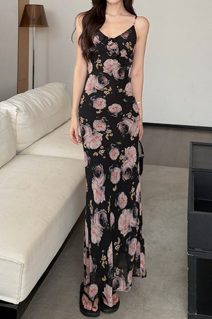 Printed Ruffle Detail Slim Long Floral Dress