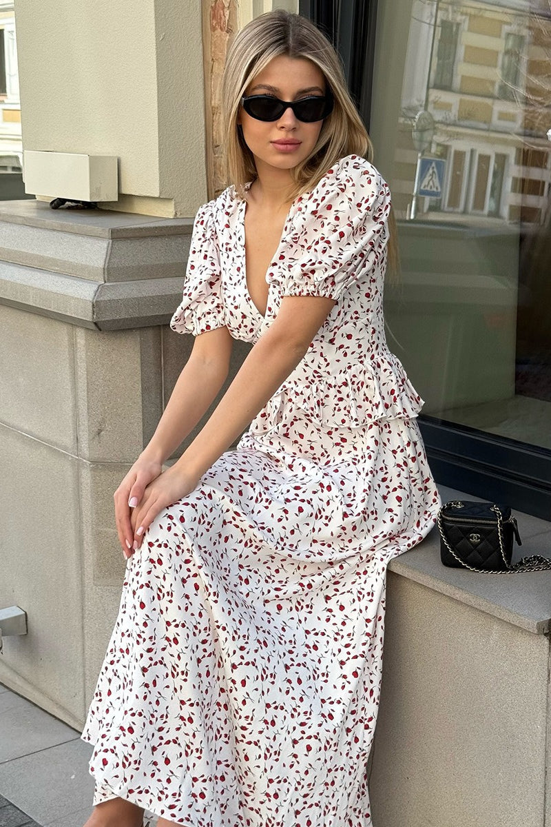 V-Neck Wrap Waist Puff Floral Dress