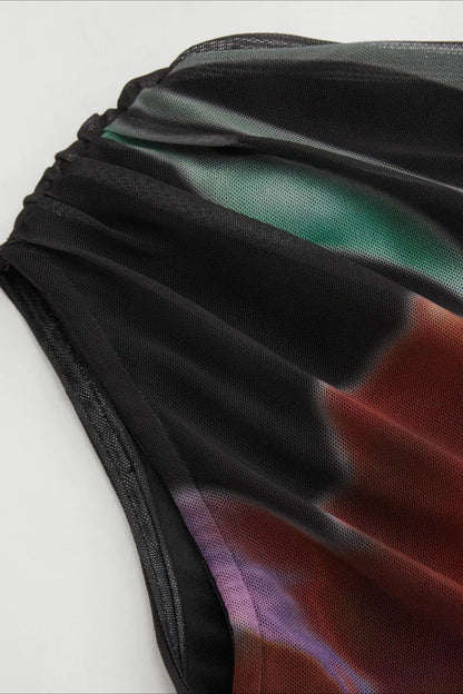 One Shoulder Mesh Ruched Printed Crop Top