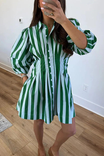 Chloe Striped Puff Sleeve Mini Shirt Dress