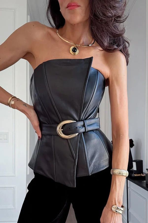 Fashionable and Avant-garde Faux Leather Belted Strapless Asymmetric Top