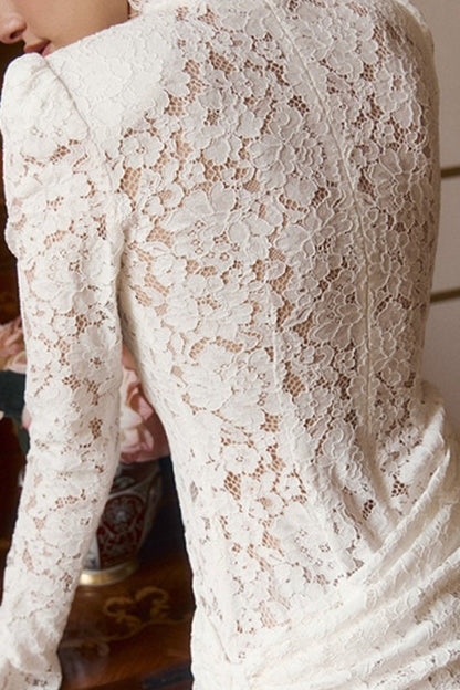 Lace Trim Cutout Long Sleeve Fit Mini Lace Dress