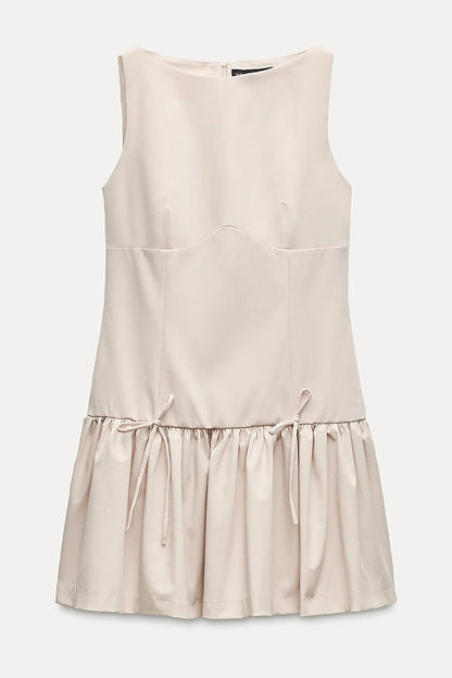 Velvet Bow Trim Drop Waist Gathered Pleated Mini Dress