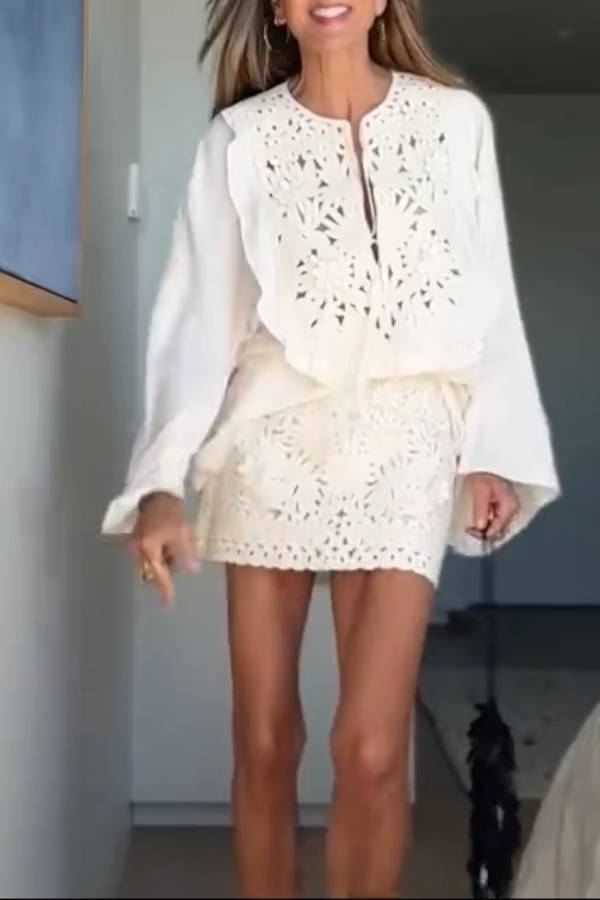 Pure White 3D Lace Embroidered High-Waisted Skirt