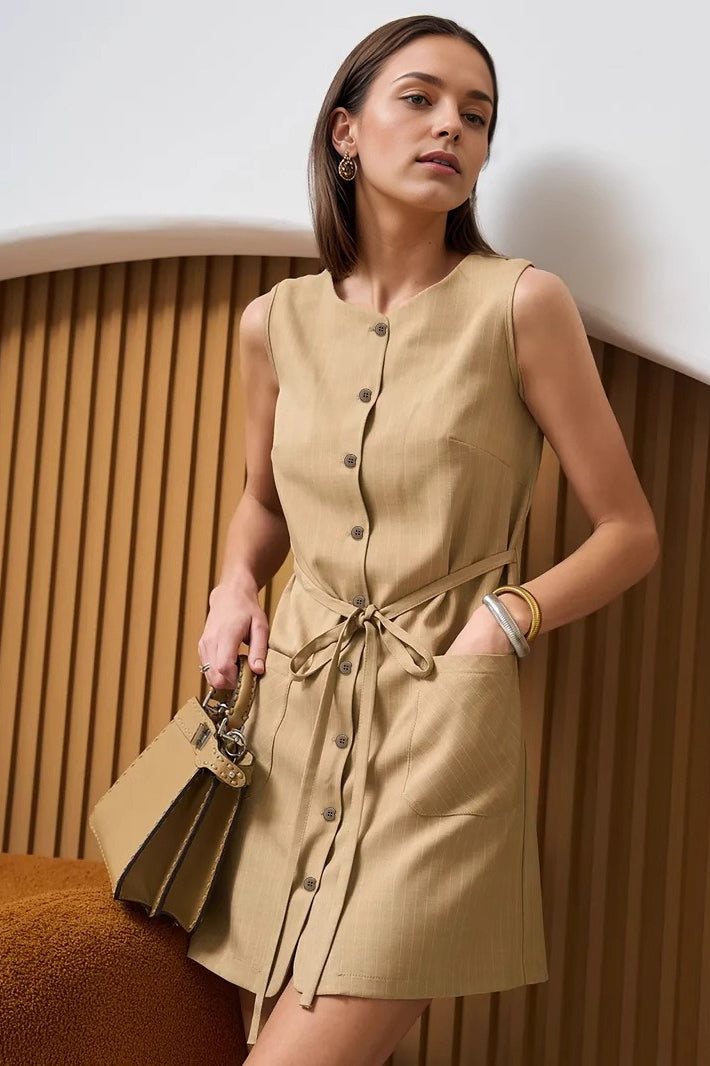 Sleeveless Button Front Tie Work Dress
