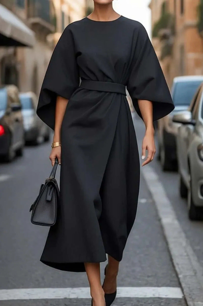 Elegant waist dress with casual batwing sleeves