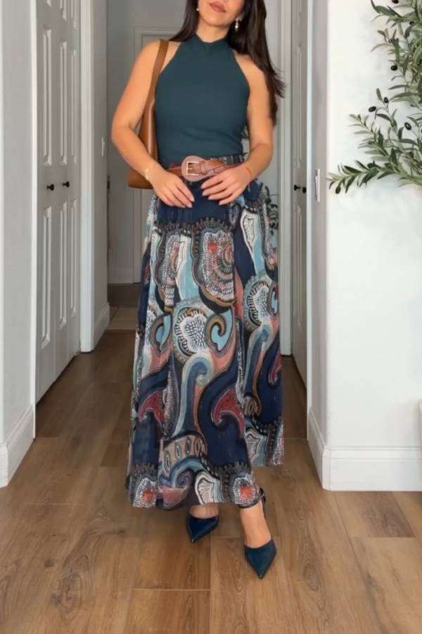 Retro Paisley Print Belted A-Line Skirt
