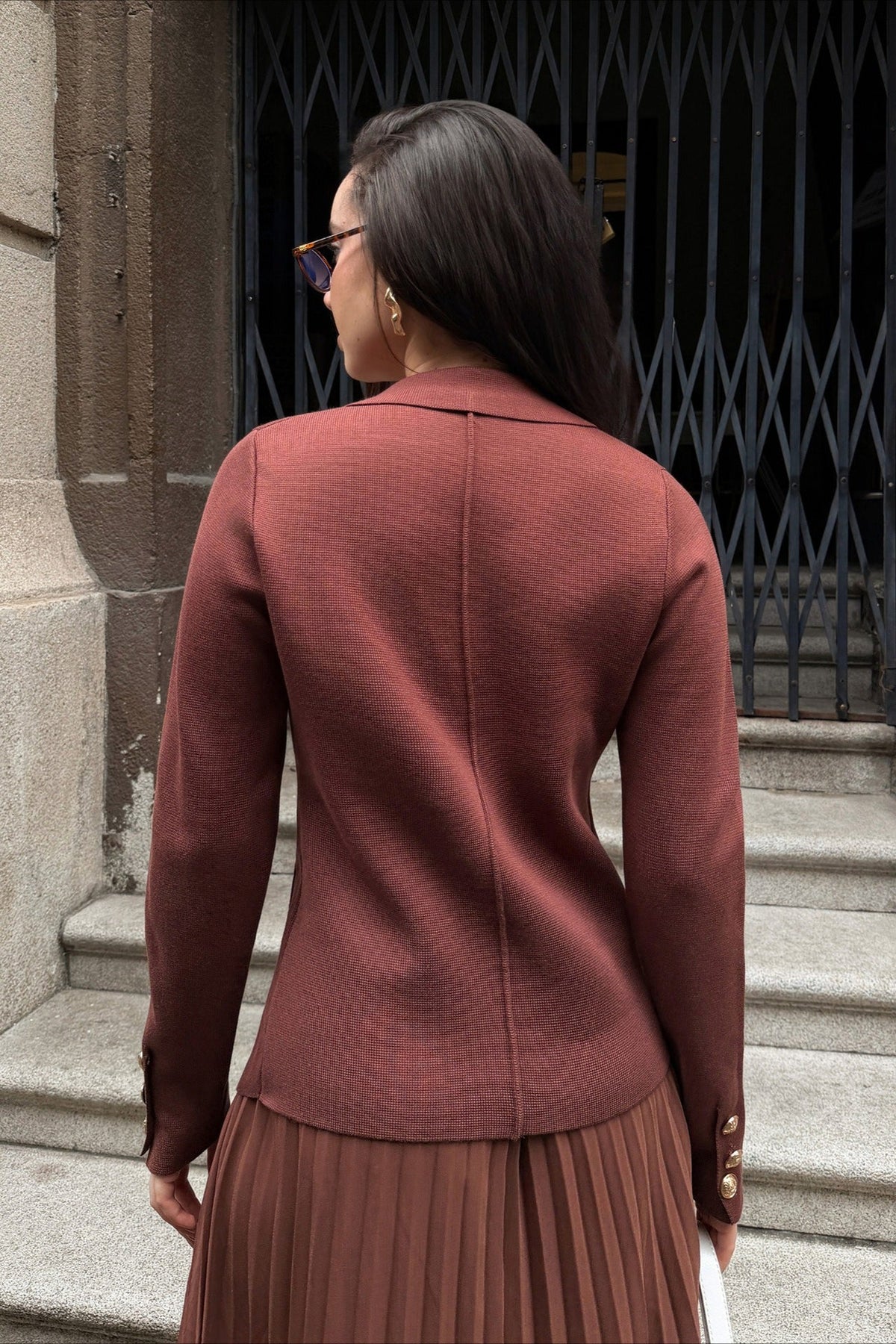 V Neck Double Breasted Knit Blazer Pleated Skirt Set