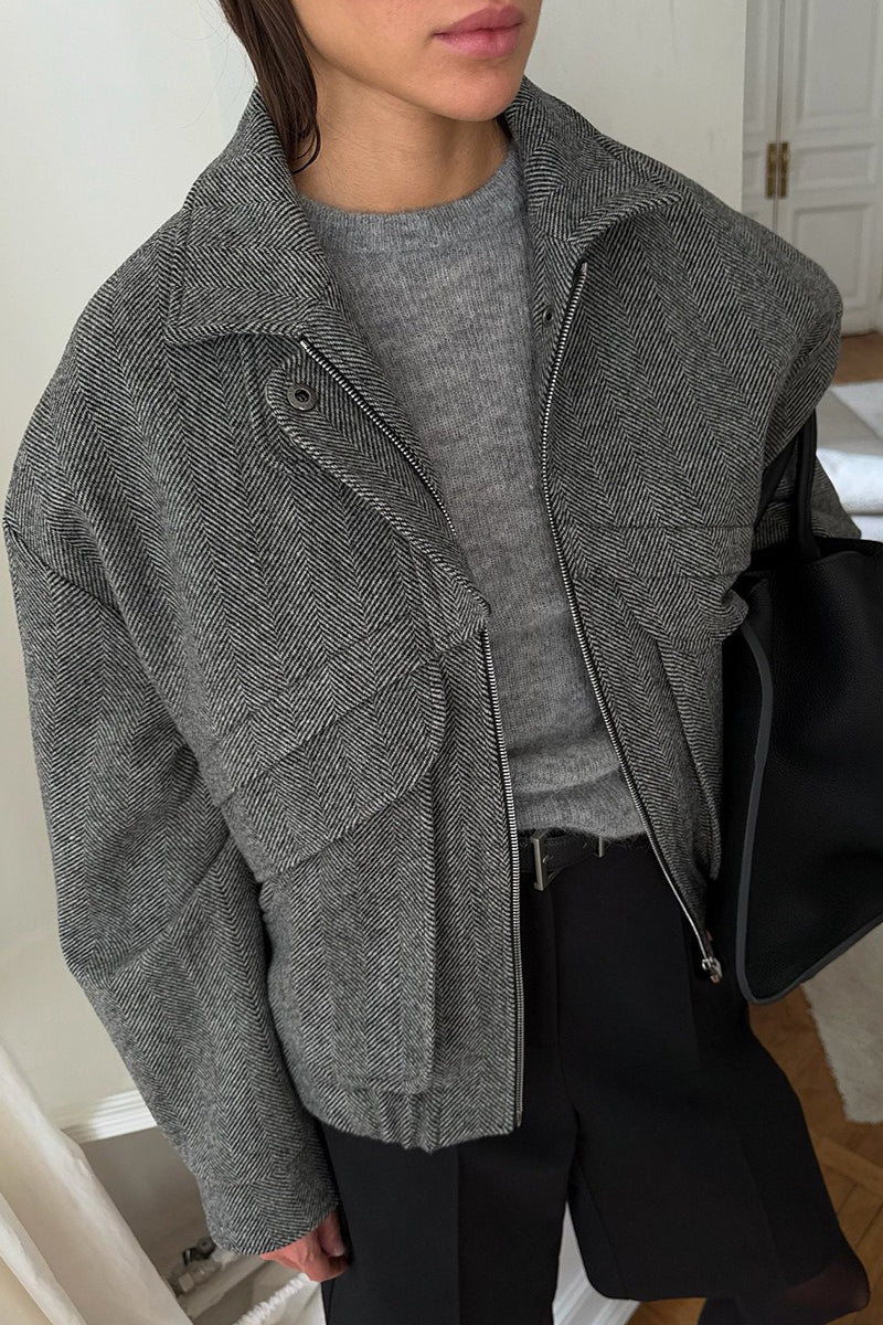 Herringbone Stand Collar Relaxed Coat