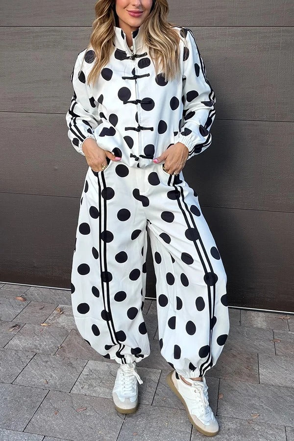 Napoleon Colorblock Polka Dot Zipper High Neck Chinese Style Buttons Pocket Sporty Jacket